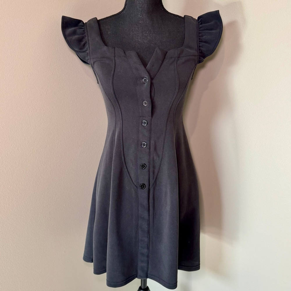 Umgee Womens Black Ruffle Sleeve Button Front Corset Style Mini Dress XS